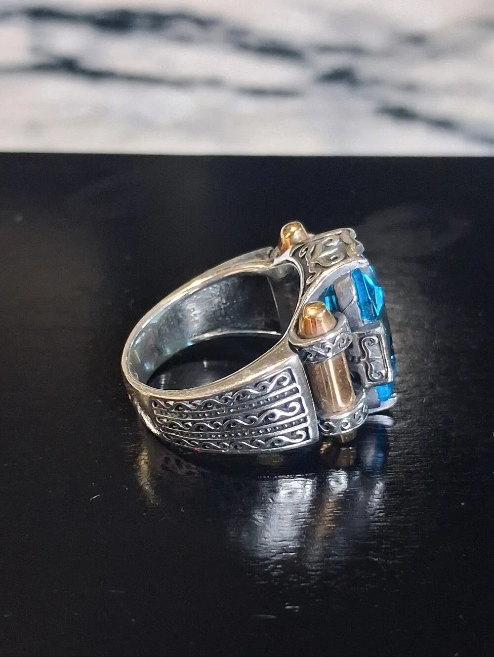 Mixed Metal Blue Gemstone Sterling Silver Ring Unisex 16 Grams Size 9